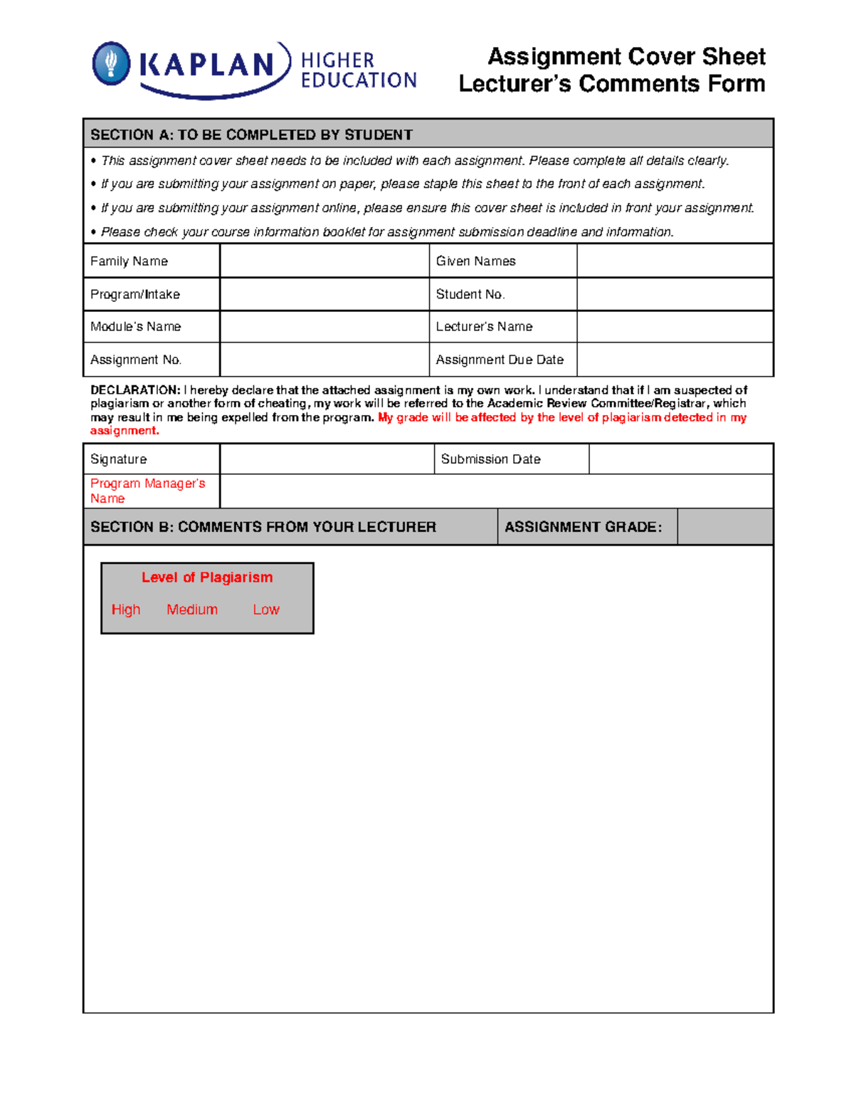Assignment Cover Sheet for Submission – Essential Details Included ...