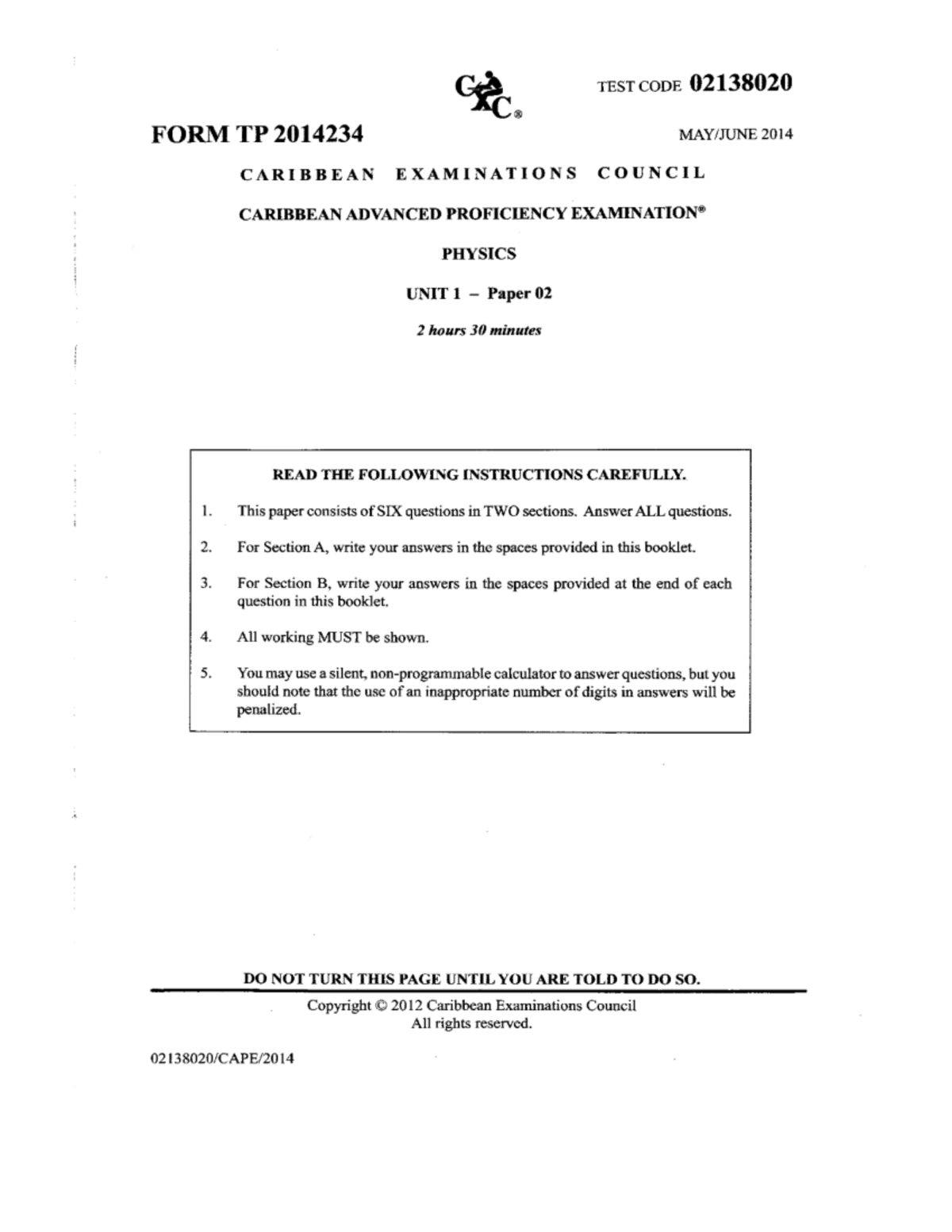 Physics 2014 CAPE Unit 1 Paper 2 Exam Questions - Studocu