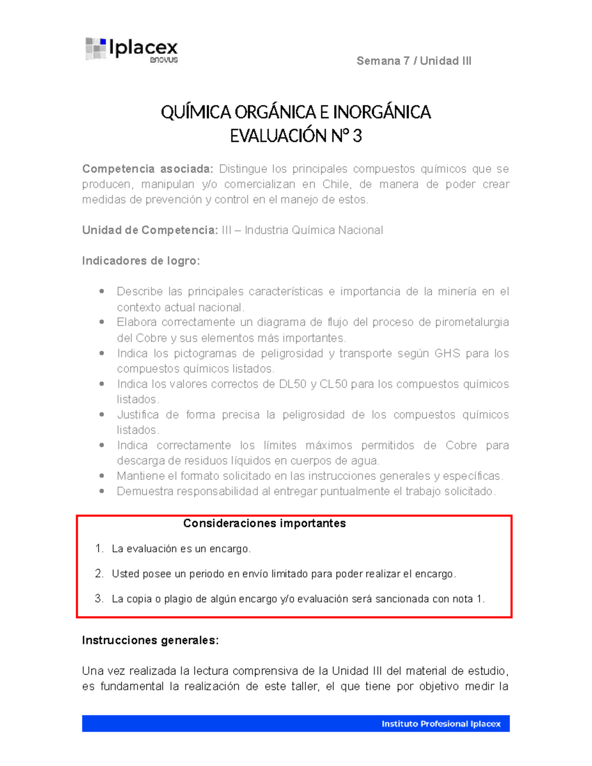 Trabajo 3: Evaluación de Química Orgánica e Inorgánica - Semana 7 - Document Preview