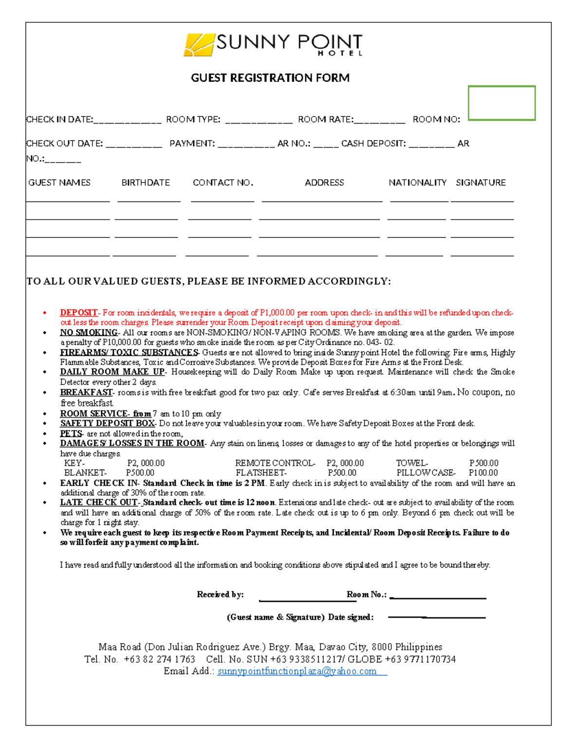 Guest Registration Form for Sunny Point Hotel - Important Info - Studocu