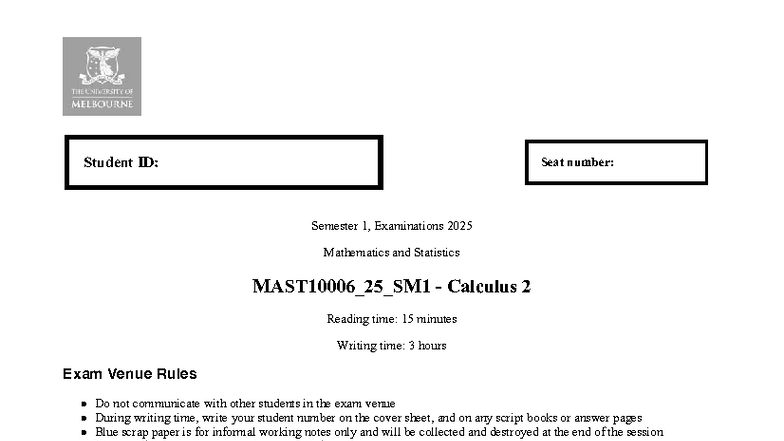 MAST10006 2025 S1 Calculus 2 Exam Instructions and Questions - Studocu