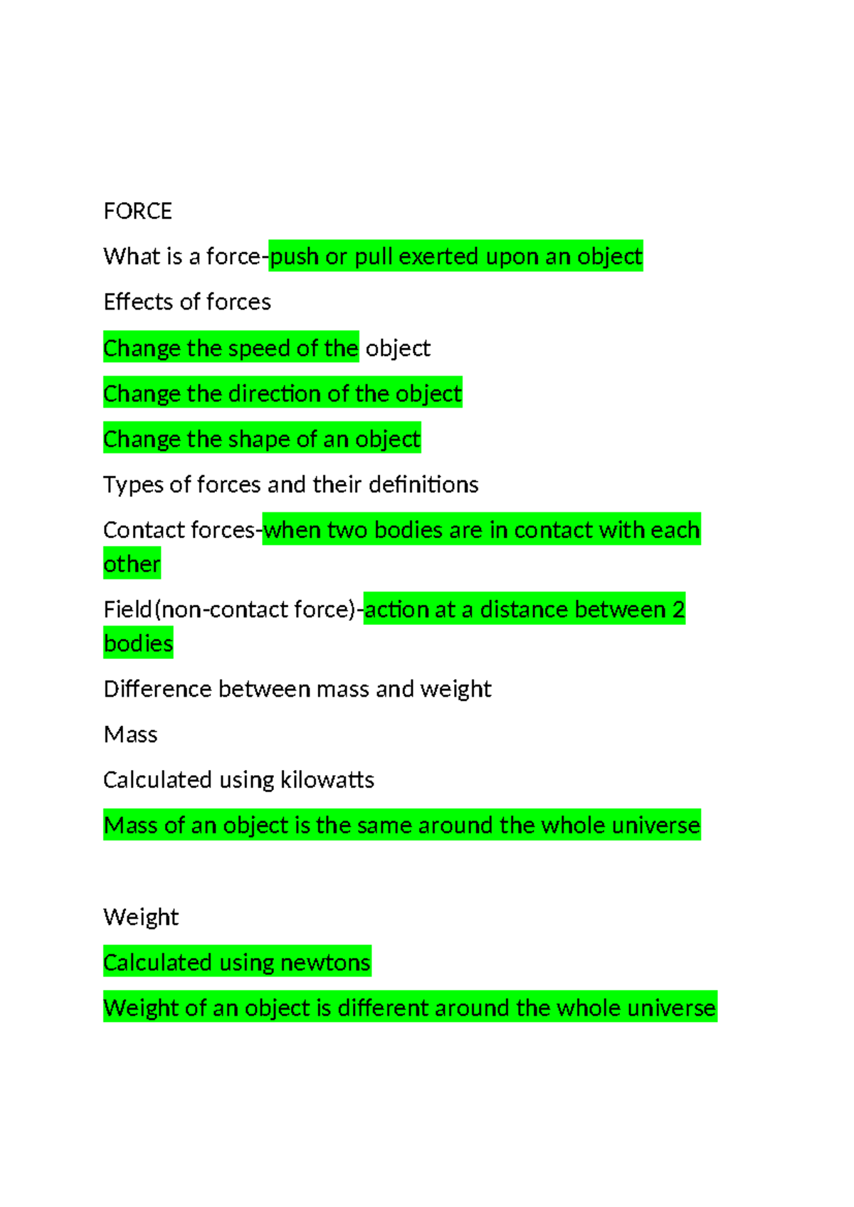 Force and Electric Cells: Key Concepts for Science 101 Exam Notes - Studocu