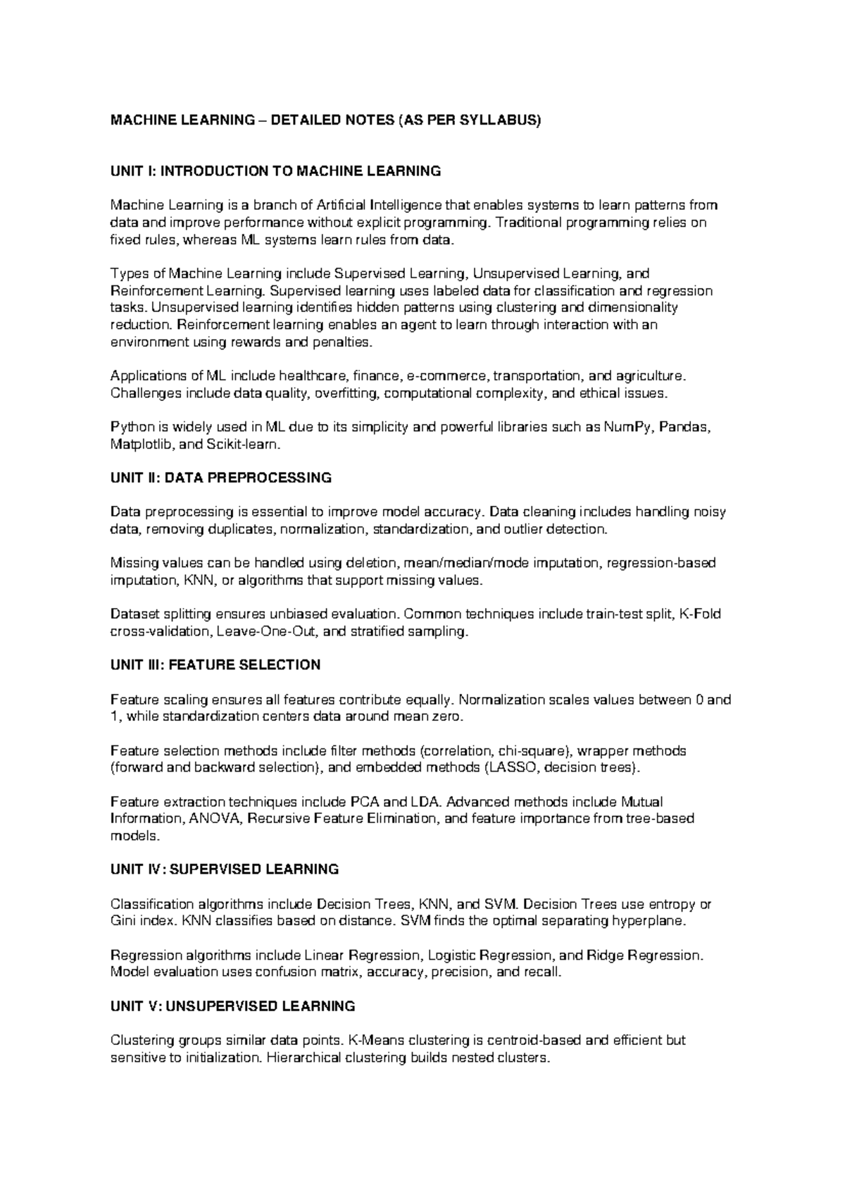 MACHINE LEARNING DETAILED NOTES (MSBT) - UNIT I TO V OVERVIEW - Studocu