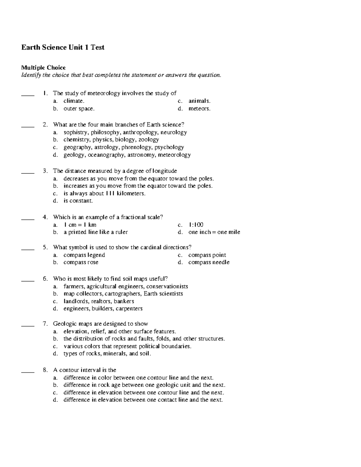 Earth Science Unit 1 Test: Multiple Choice Questions and Answers - Studocu