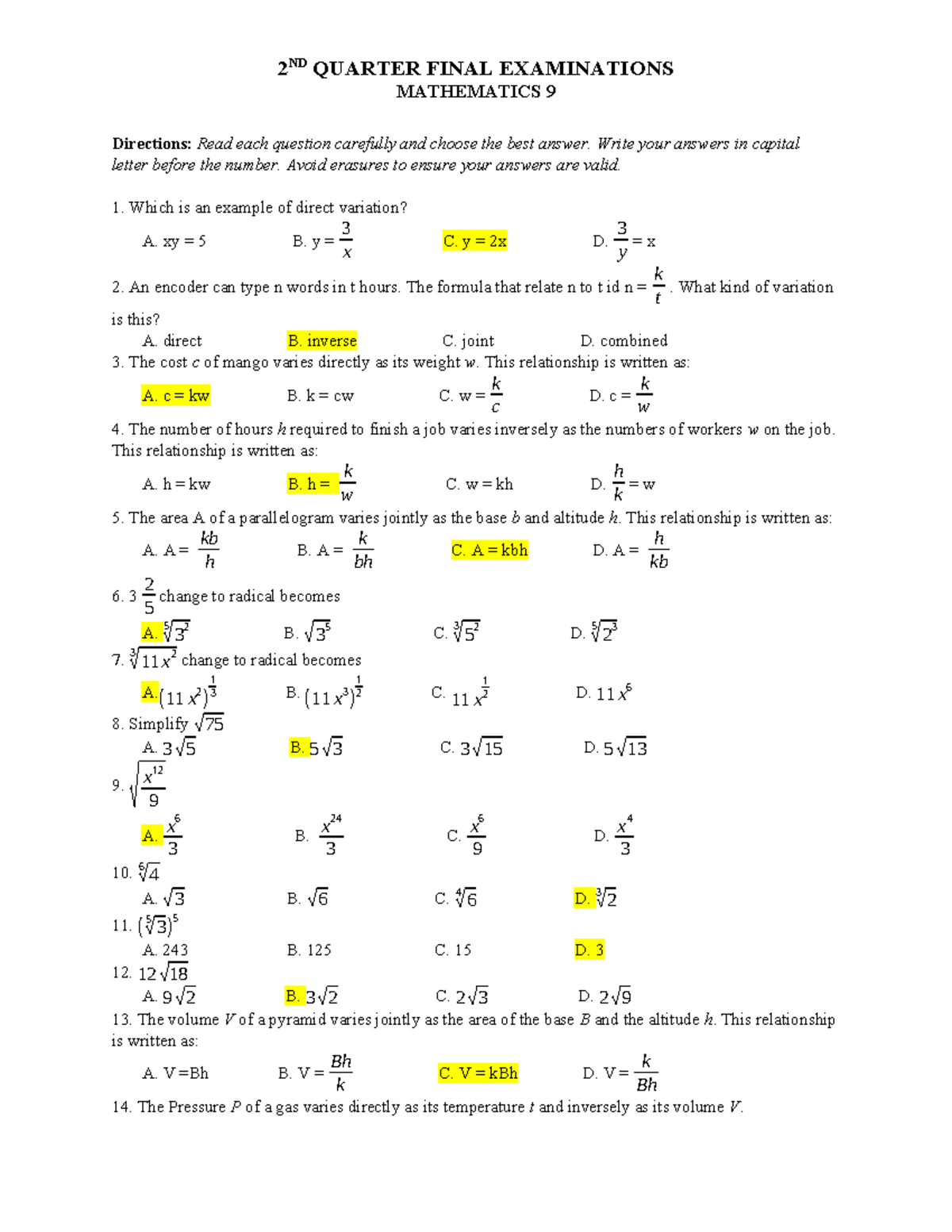 Grade 9 EXAM answer key - Good - MATHEMATICS 9 Directions: Read each ...
