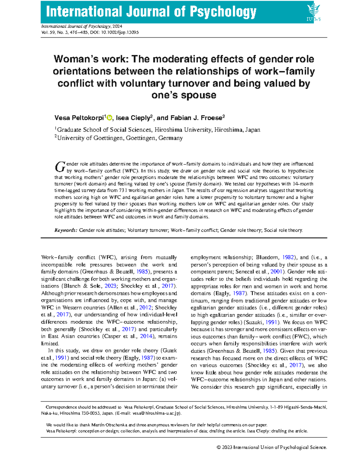 Gender Role Attitudes and WFC Outcomes: Insights from Japan (PSY 2024 ...