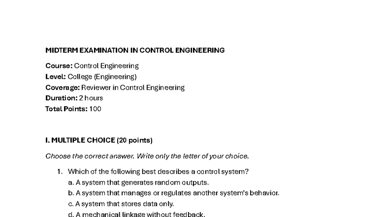 MIDTERM EXAM IN CONTROL ENGINEERING (CE 101) - REVIEWER & ANSWER KEY ...