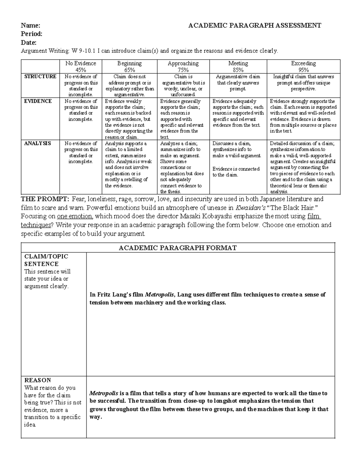Academic Paragraph Assessment: Argument Writing (W) - Studocu
