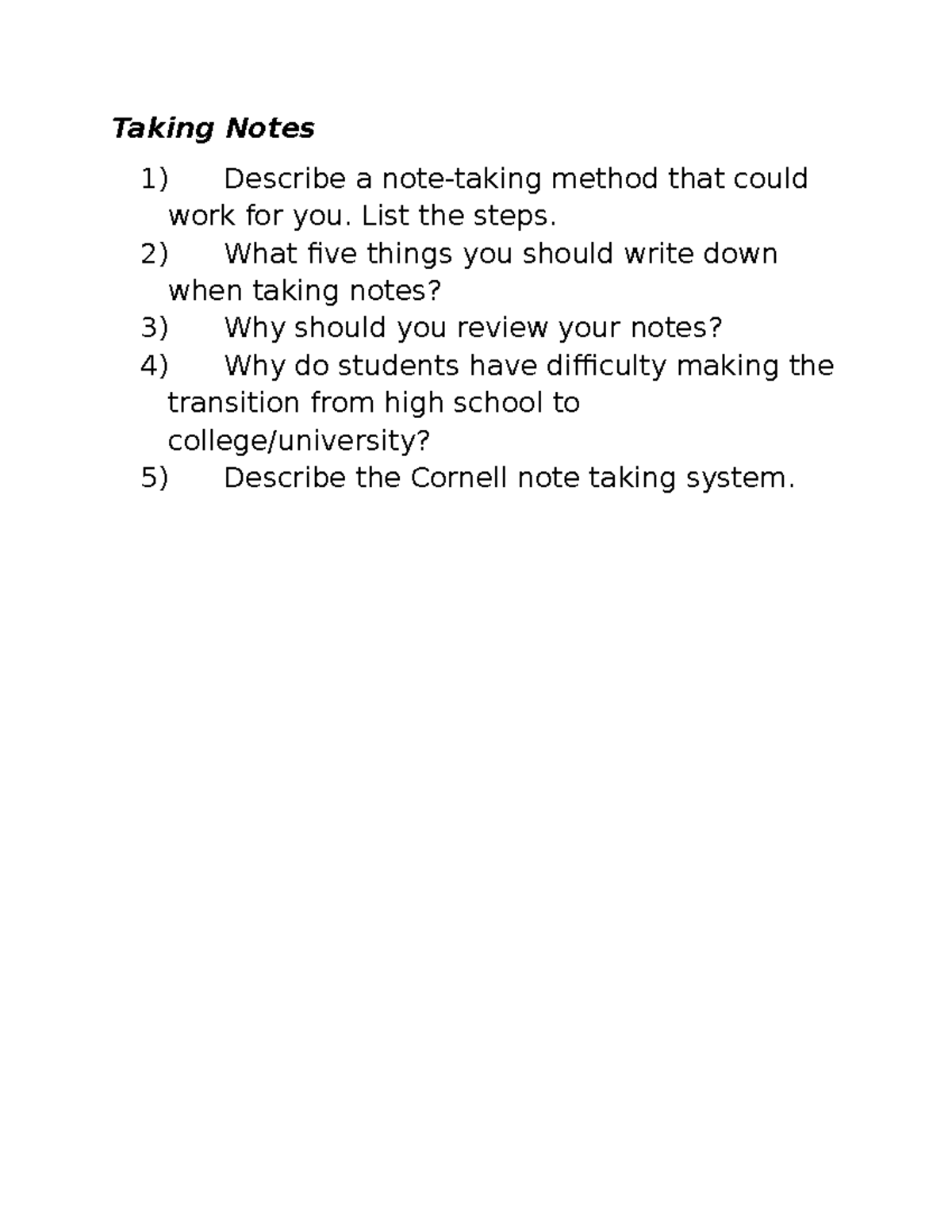 Taking Notes Questions - ENG4U - Taking Notes 1) Describe a note-taking ...