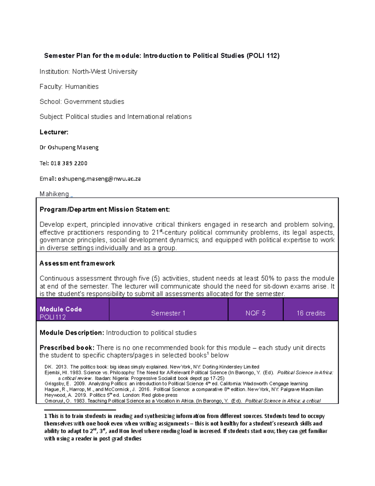2022 POLI 112 Semester plan - Semester Plan for the module ...