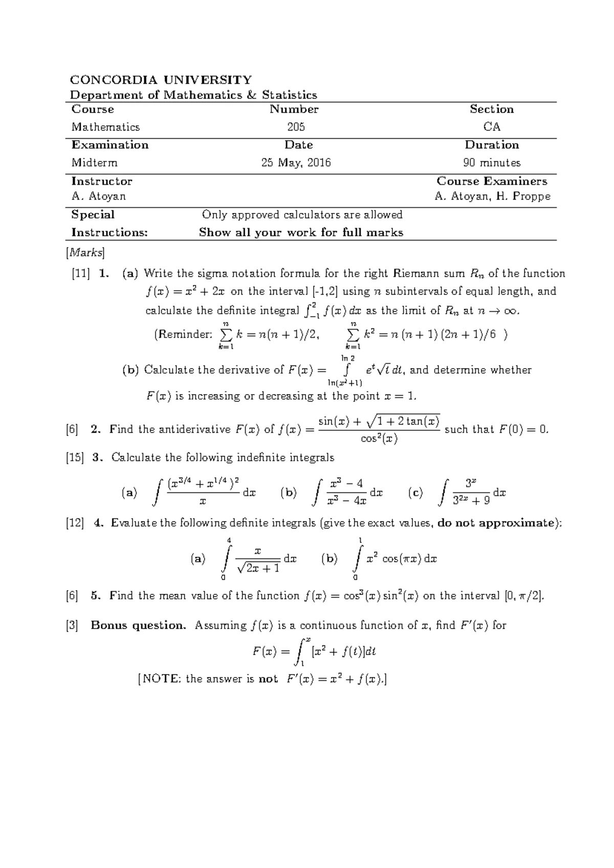 Course Outline for MATH 205: Differential & Integral Calculus II ...