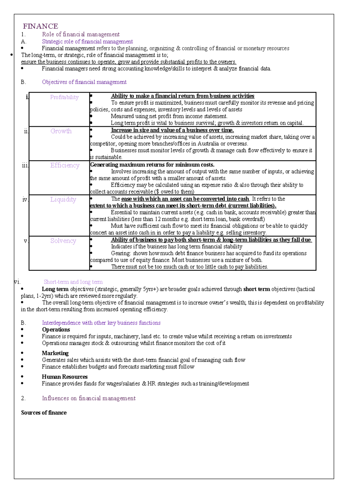 Finance summary notes - FINANCE 1. Role of financial management A ...
