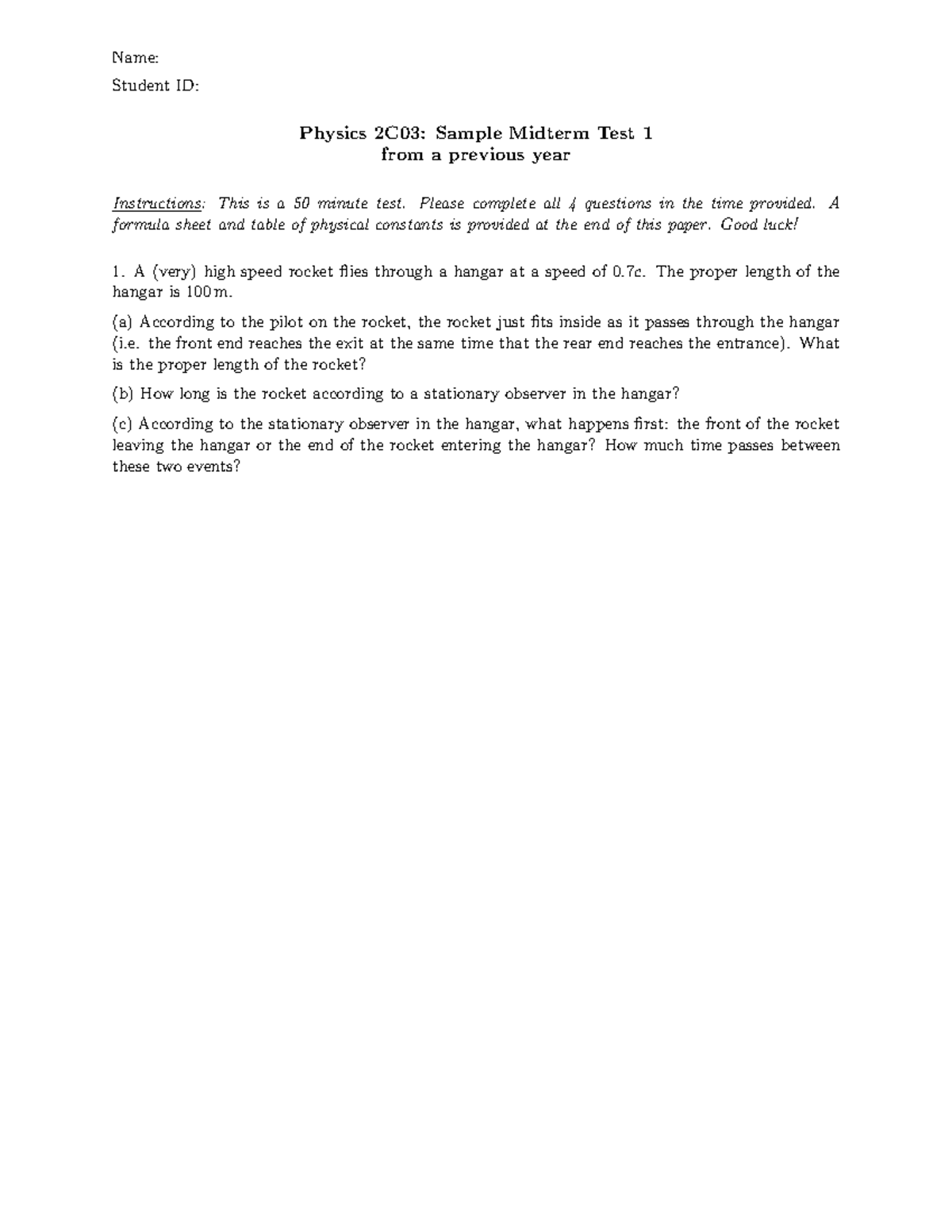 Physics 2C03: Sample Midterm Test 1 - Previous Year Exam - Studocu