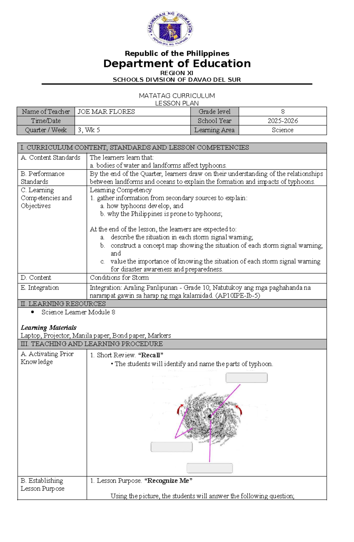 Grade 8 Science Lesson Plan: Understanding Typhoons and Storm Signals ...