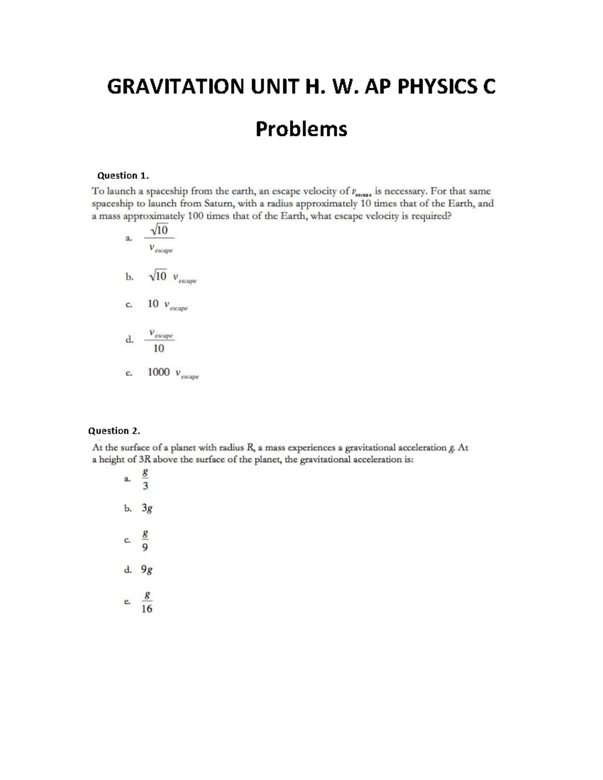 Gravitation Unit H.W. AP Physics C: Problems & Free Response - Studocu