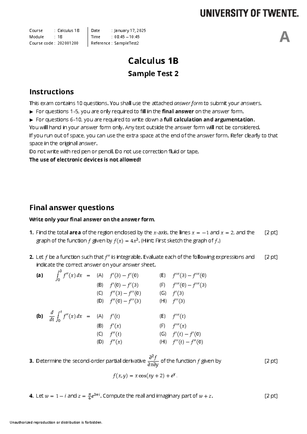 Calc1B - Sample Test 2 Practice Exam - Studeersnel