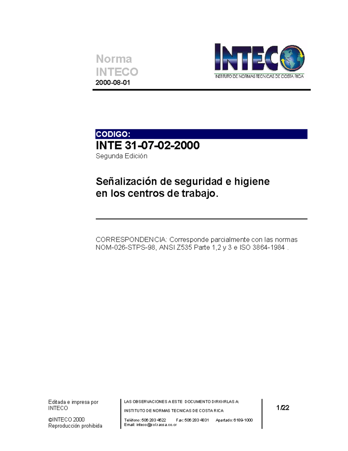 INTE 31-07-02 Normativa sobre Señalización de Seguridad e Higiene - Studocu