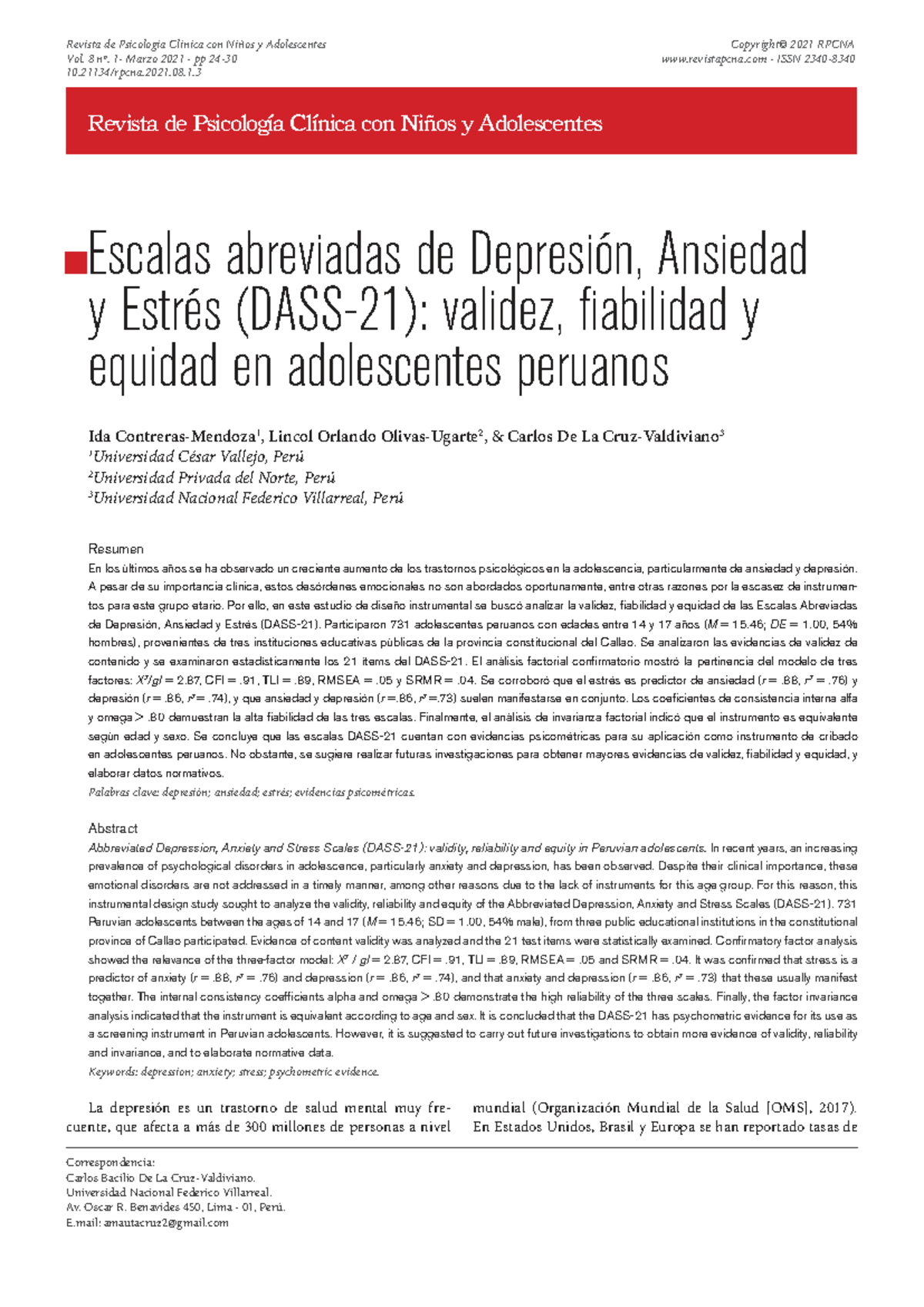 Escalas Abreviadas de Depresión, Ansiedad y Estrés (DASS-21) en ...