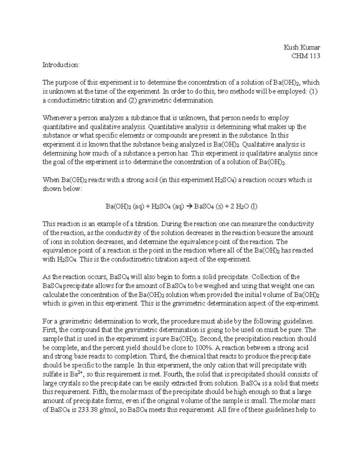 Conductimetric Titration of Ba(OH)₂ Solution - CHM 113 Lab Report - Studocu