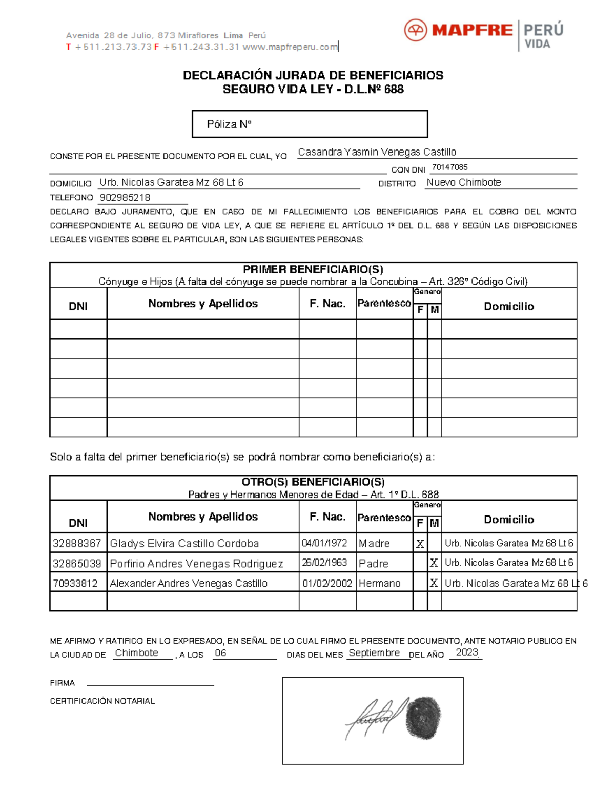 Declaración Jurada de Beneficiarios - Seguro Vida Ley D.L. 688 - Document Preview