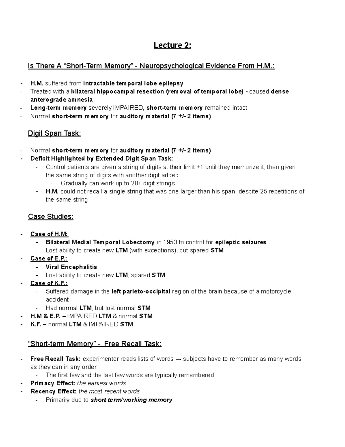 PSY163 TS Lecture Notes: Neuropsychological Evidence and Working Memory ...