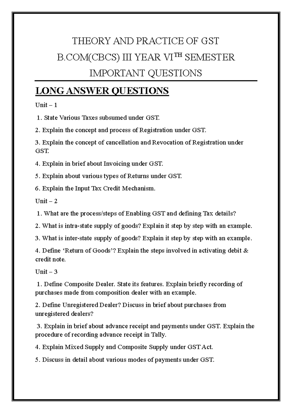 Theory and Practice of GST: Important Long Answer Questions B.Com VI ...