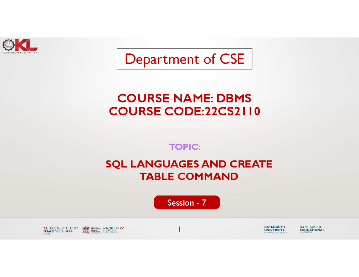 DBMS 22CS2110: SQL Languages & Create Table Command - Session 7 - Studocu