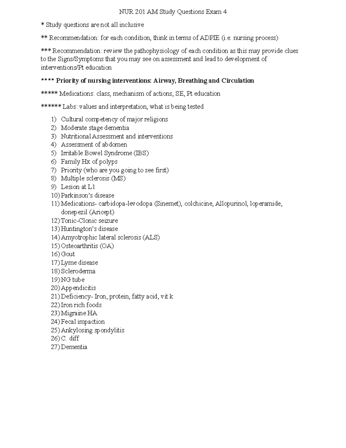 NUR 201 AM Exam 4 Study Questions & Key Nursing Concepts - Studocu