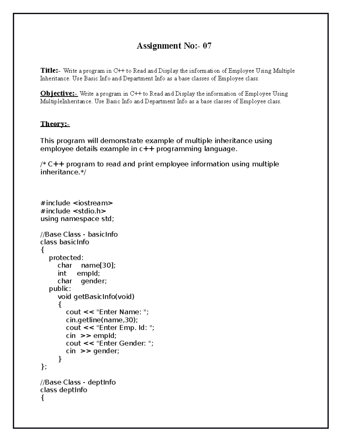 Oop 7 - Object oriented programming E & TC - Assignment No:- 07 Title ...
