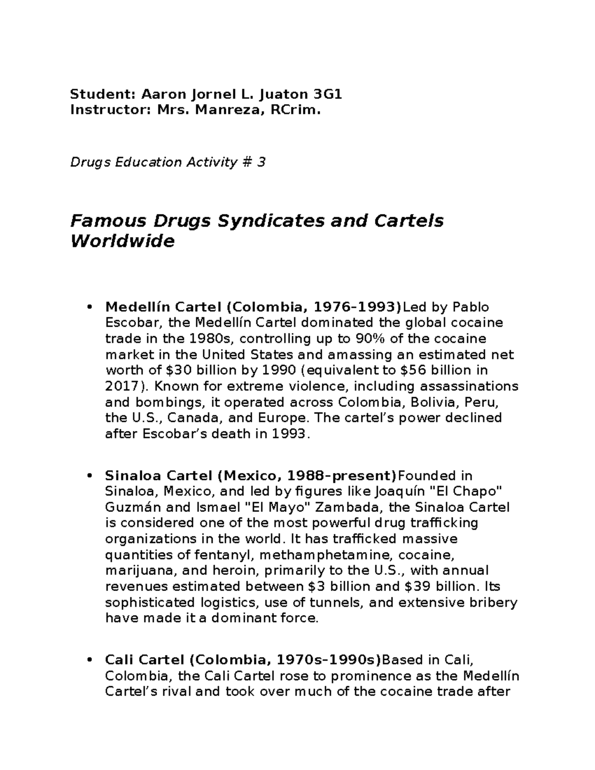 Drugs Education Activity 3: Famous Drug Syndicates & Cartels Worldwide ...