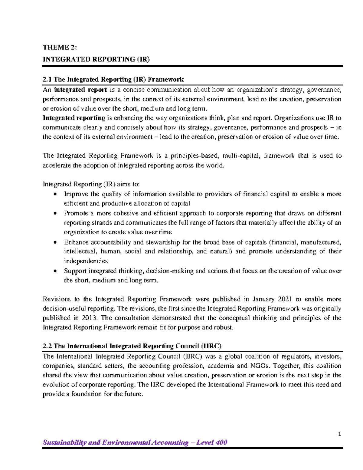 Sustainability Lecture 2: Integrated Reporting Framework Overview - Studocu