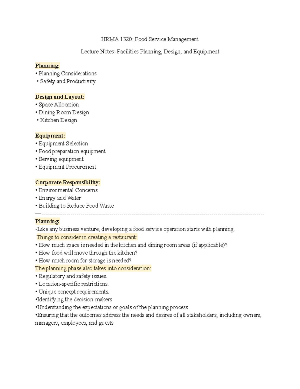 HRMA 1320: Facilities Planning, Design, and Equipment in Food Service ...