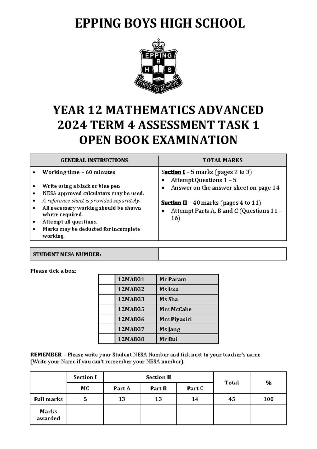 EPPING BOYS HIGH SCHOOL YEAR 12 MATHEMATICS ADVANCED 2024 TERM 4 OPEN ...