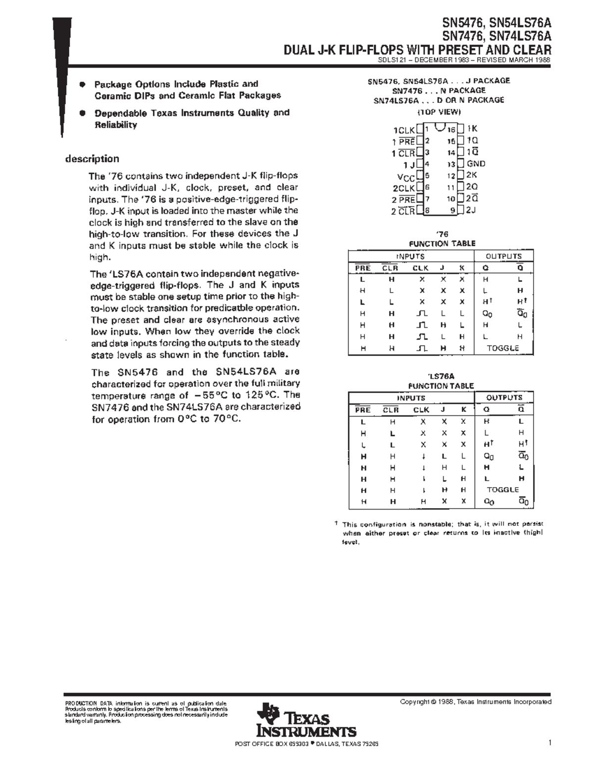 Datasheet Flip flop J K - es un pdf para microcontroladores - SN5476 ...