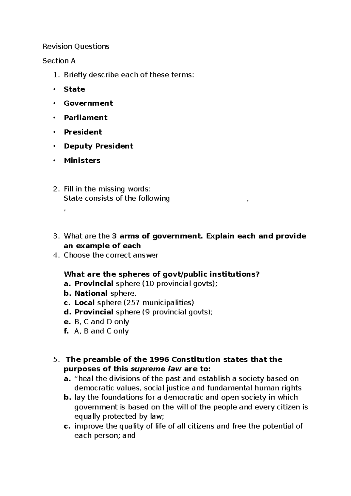 Revision Questions for State Government - Section A - Studocu