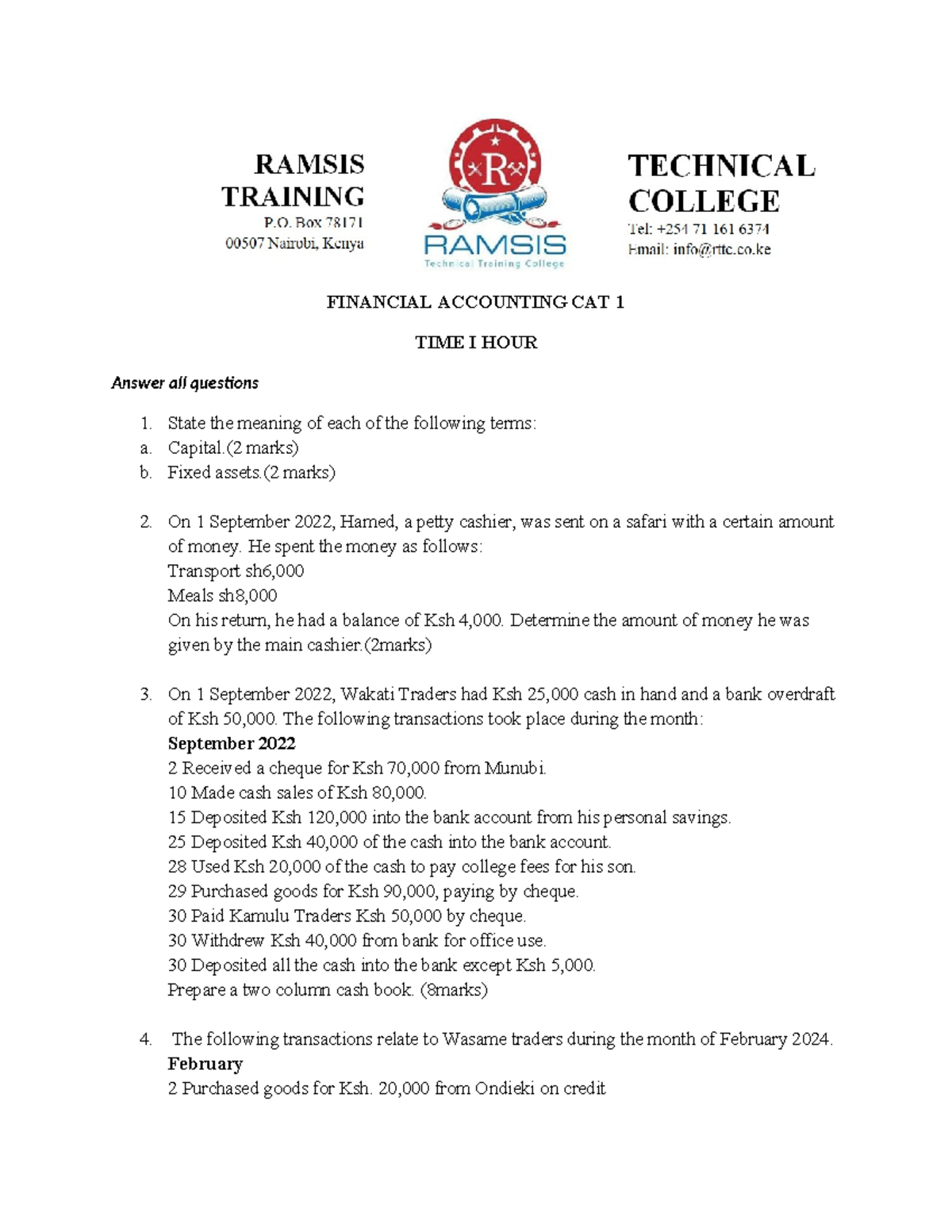 Financial Accounting CAT 1: Key Concepts & Cash Book Exercises - Studocu