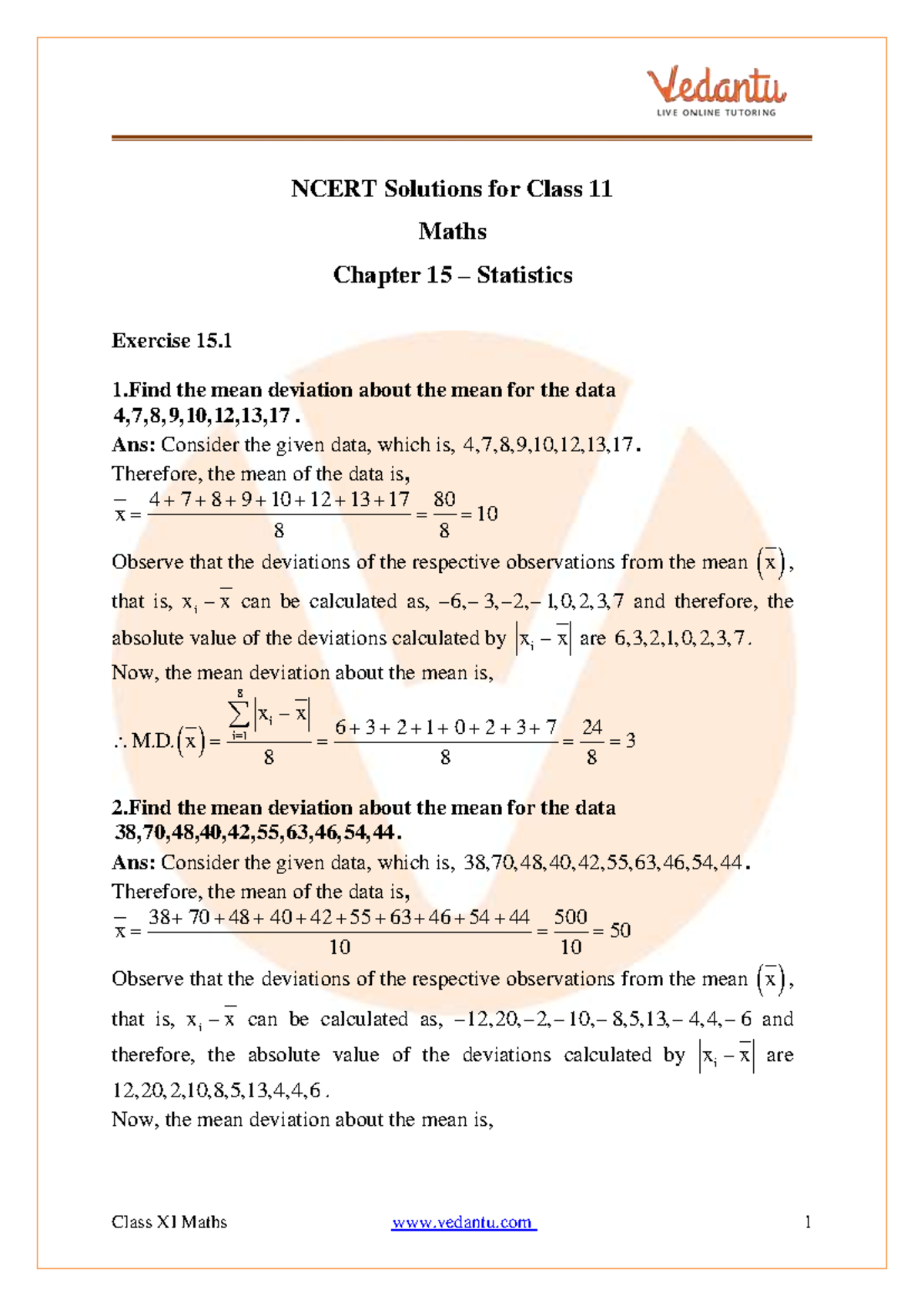 Class 11 - Maths - Statistics - NCERT Solutions for Class 11 Maths ...