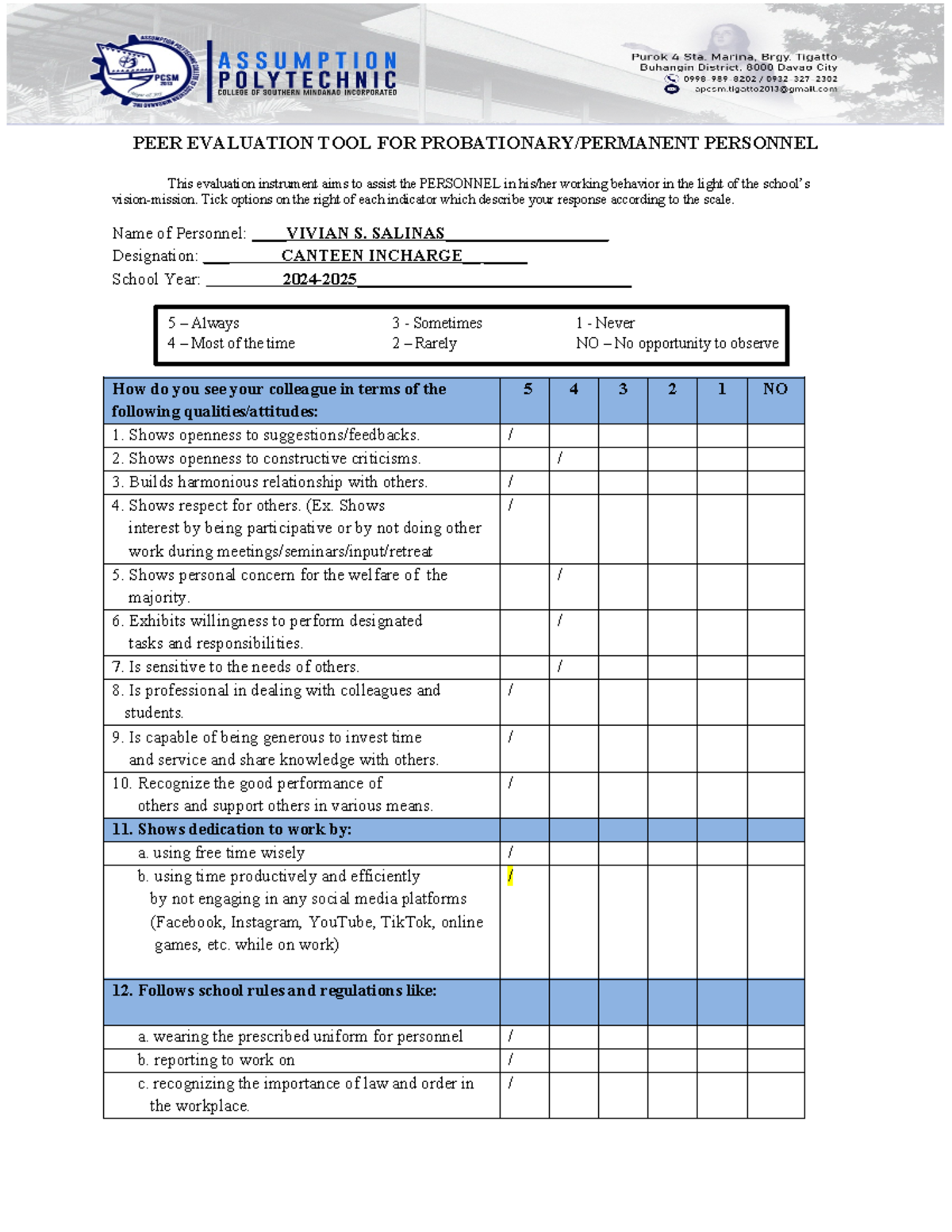 Peer Evaluation Tool for Personnel - SY 2024-2025 - Studocu