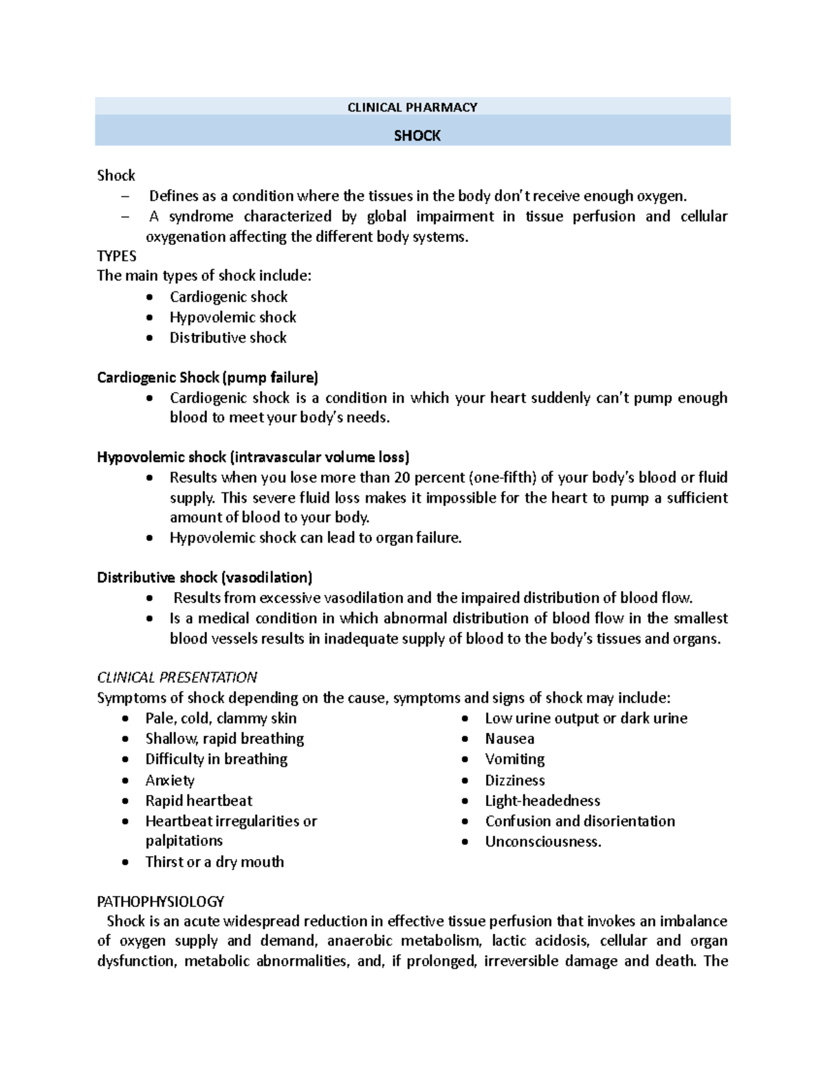 Shock - Reviewer - CLINICAL PHARMACY SHOCK Shock − Defines as a ...