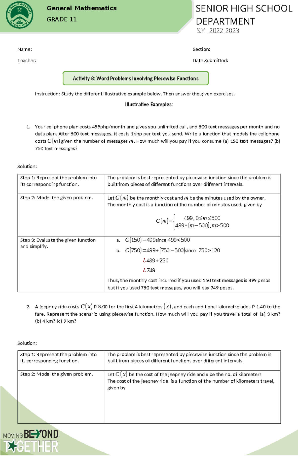 Activity 8: Word Problems Using Piecewise Functions (Math Grade 11 ...