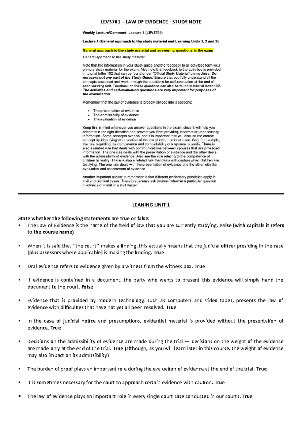 LEV3701 - Comprehensive Final Exam Study Notes on Law of Evidence - Studocu
