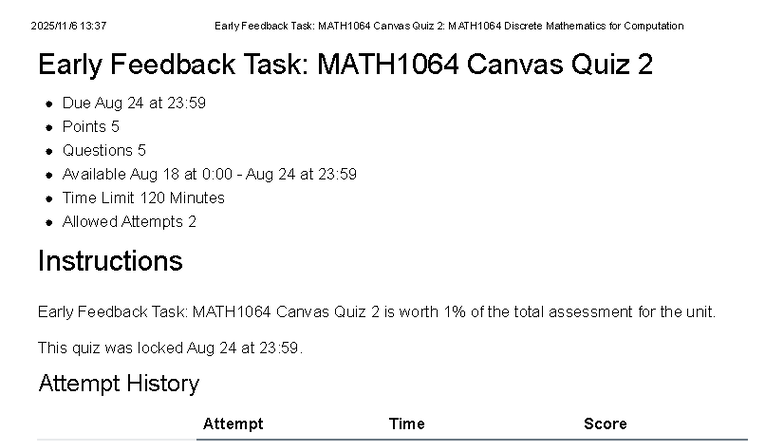 MATH1064 Early Feedback Task: Canvas Quiz 2 on Discrete Math - Studocu