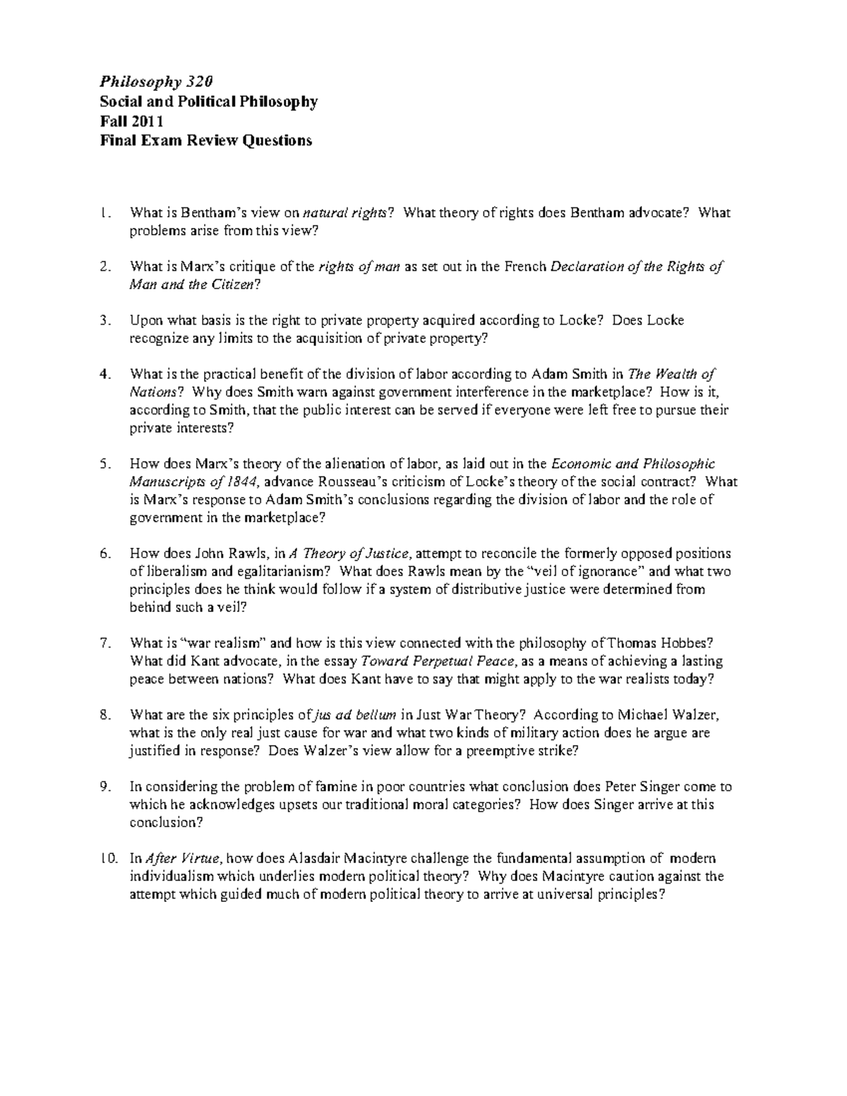 Philosophy 320: Fall 2011 Final Exam Review Questions Guide - Studocu