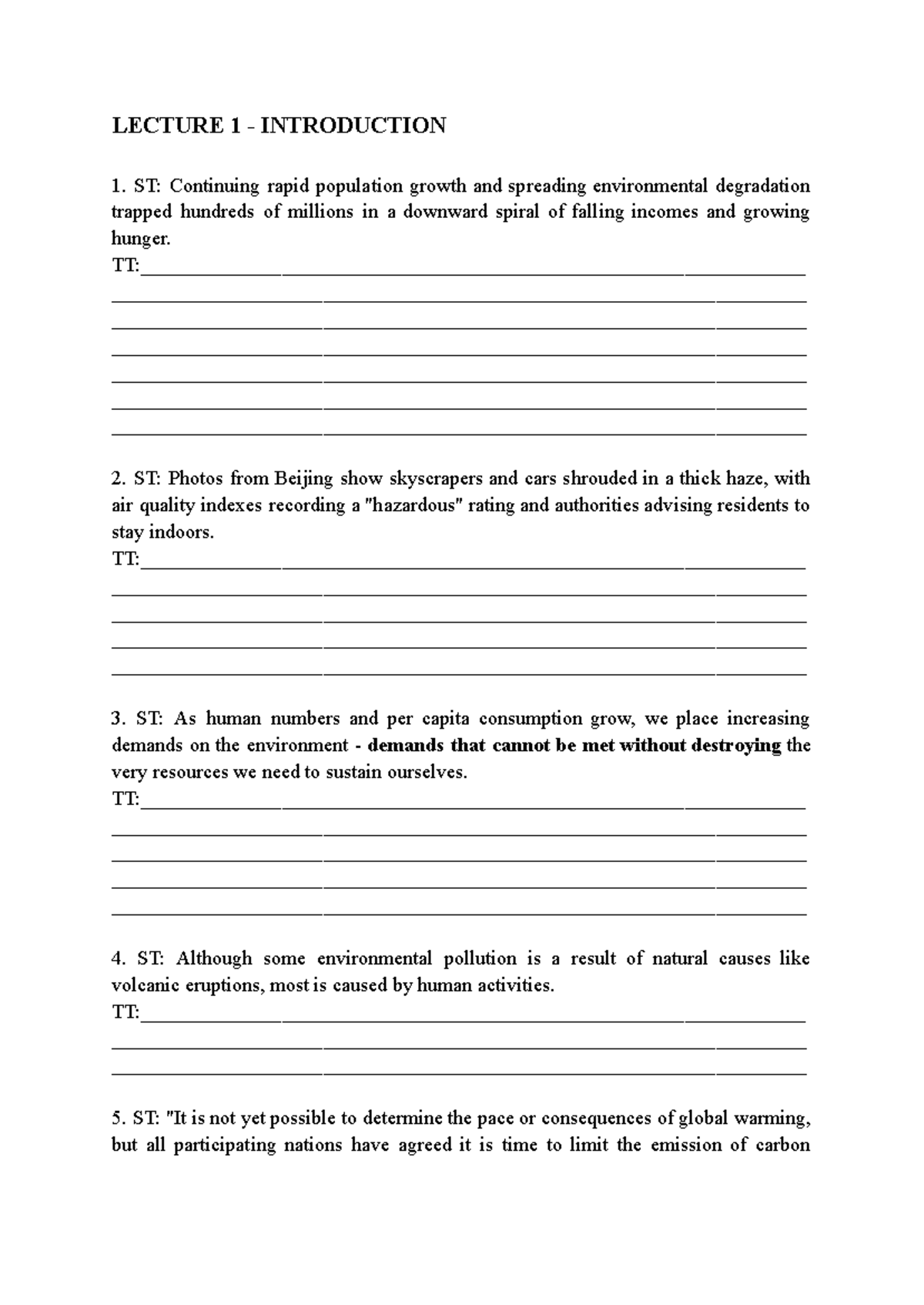 LECTURE 1 - INTRODUCTION TO ENVIRONMENTAL ISSUES - Studocu