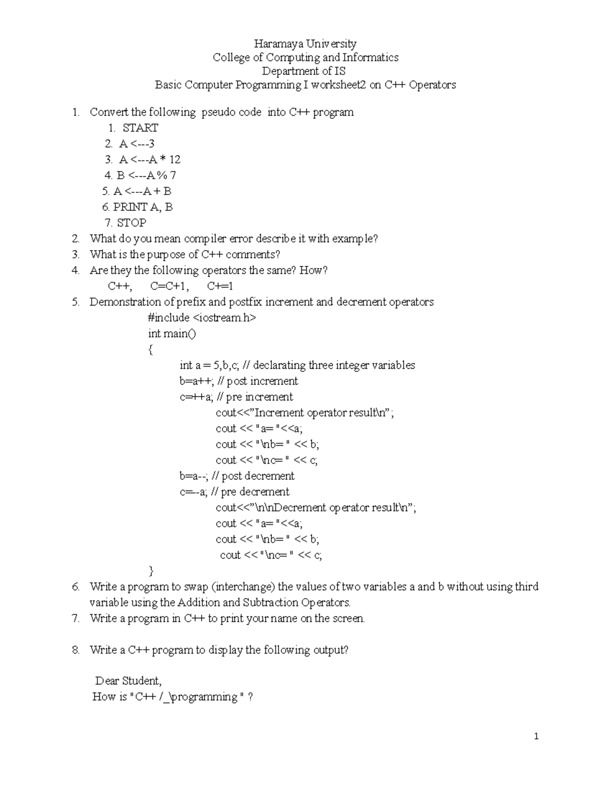 Basic Computer Programming I Worksheet 2: C++ Operators Exercises - Studocu