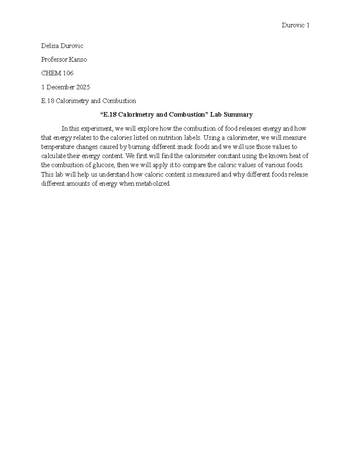 CHEM 106 E.18 Lab Summary: Calorimetry & Combustion Analysis - Studocu