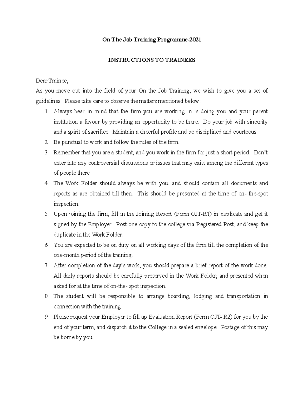 OJT R1 & R2 - Guidelines and Evaluation for On The Job Training - Studocu