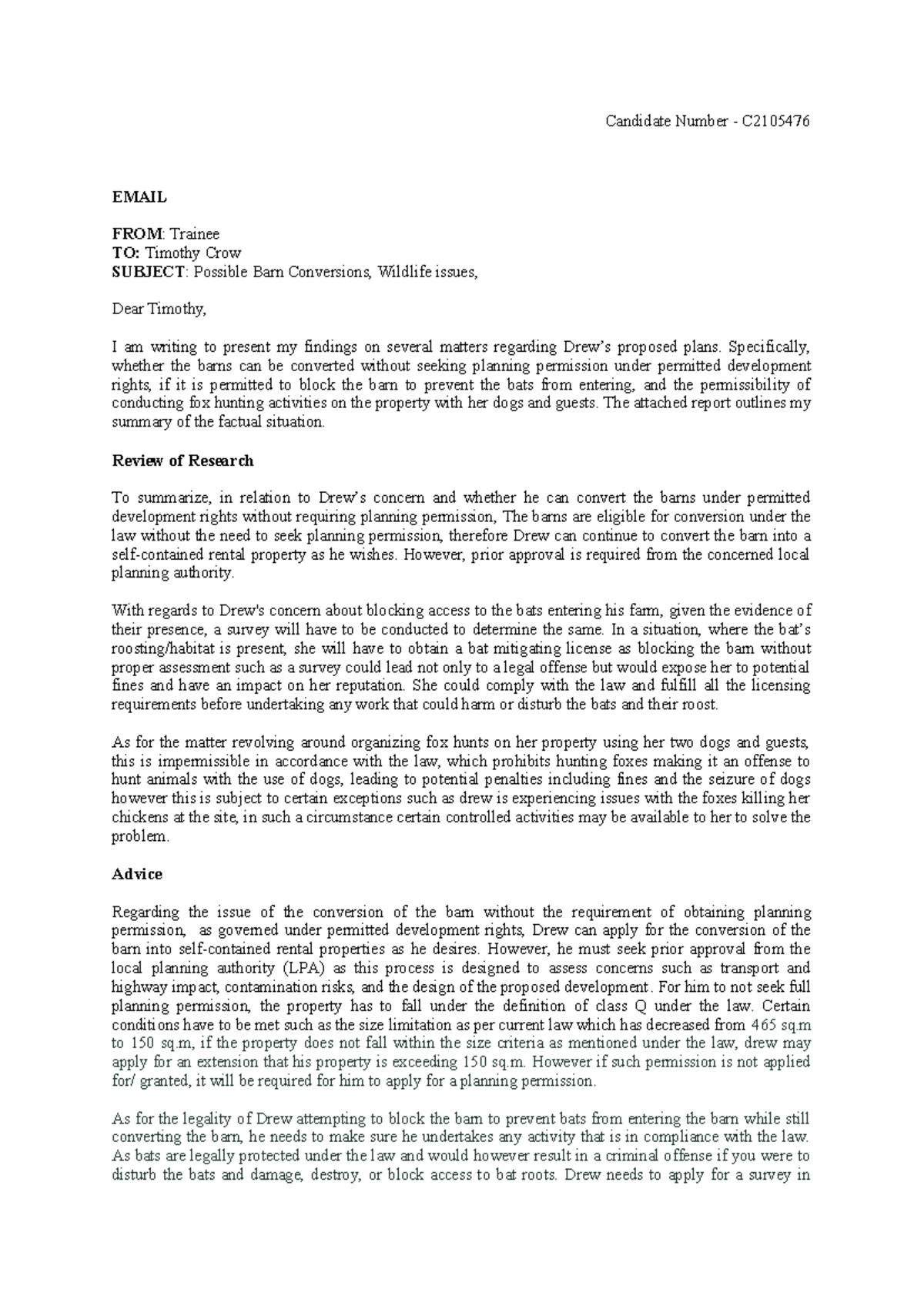 C2105476: Legal Analysis on Barn Conversions & Wildlife Regulations ...
