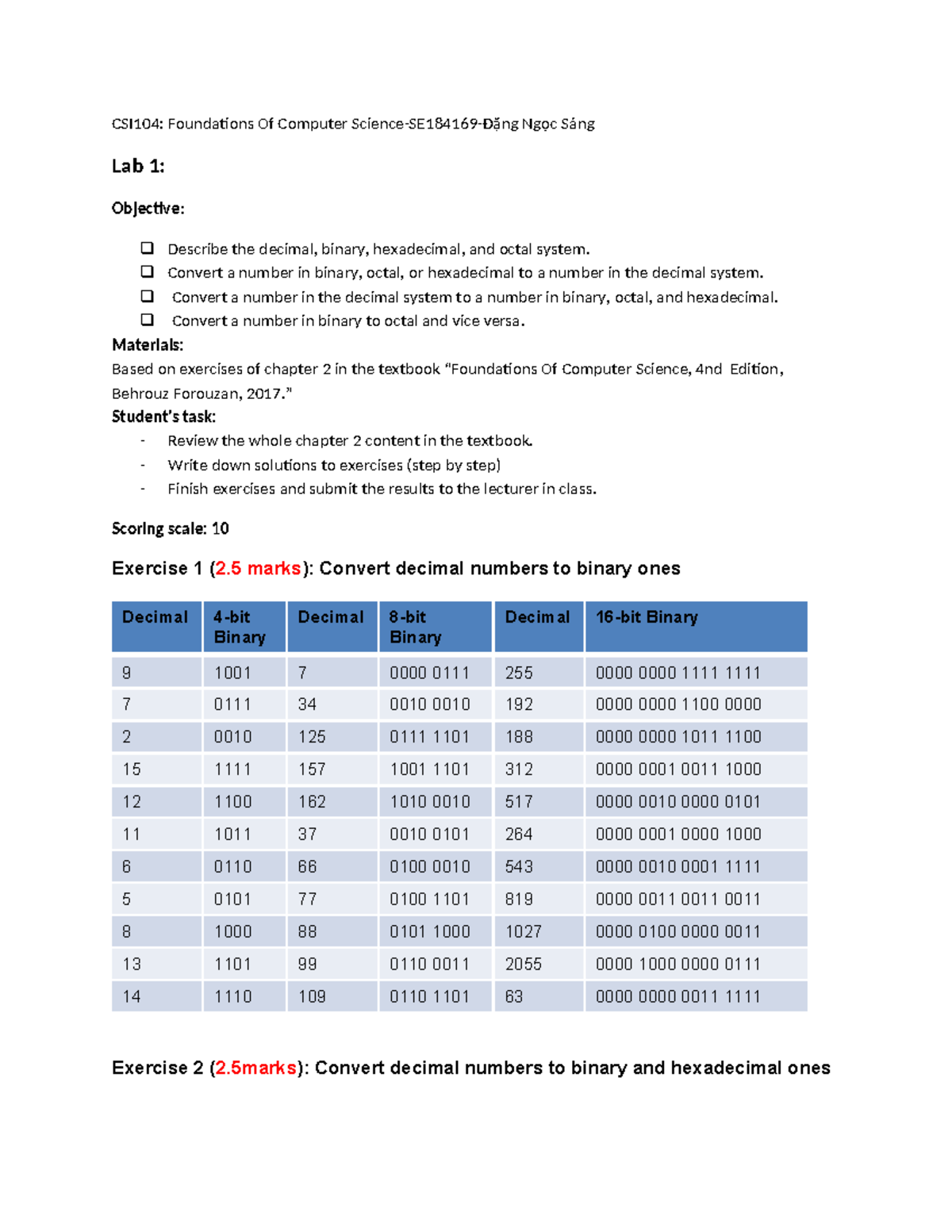 CSI104: Lab 1 - Number System Conversions and Exercises - Studocu