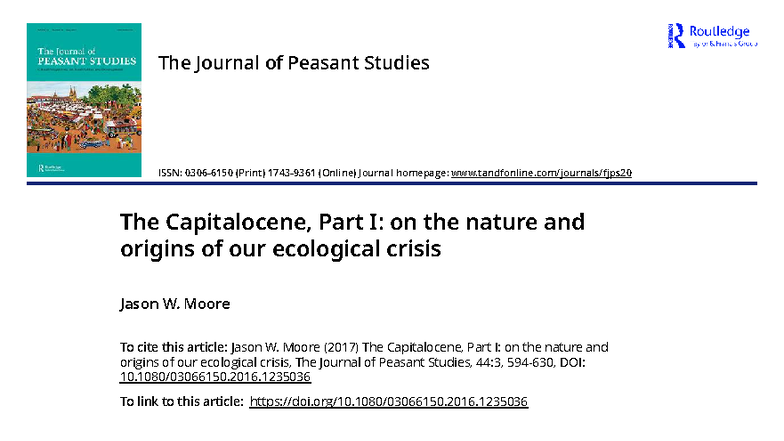 The Capitalocene: Understanding Our Ecological Crisis - Part I - Studocu